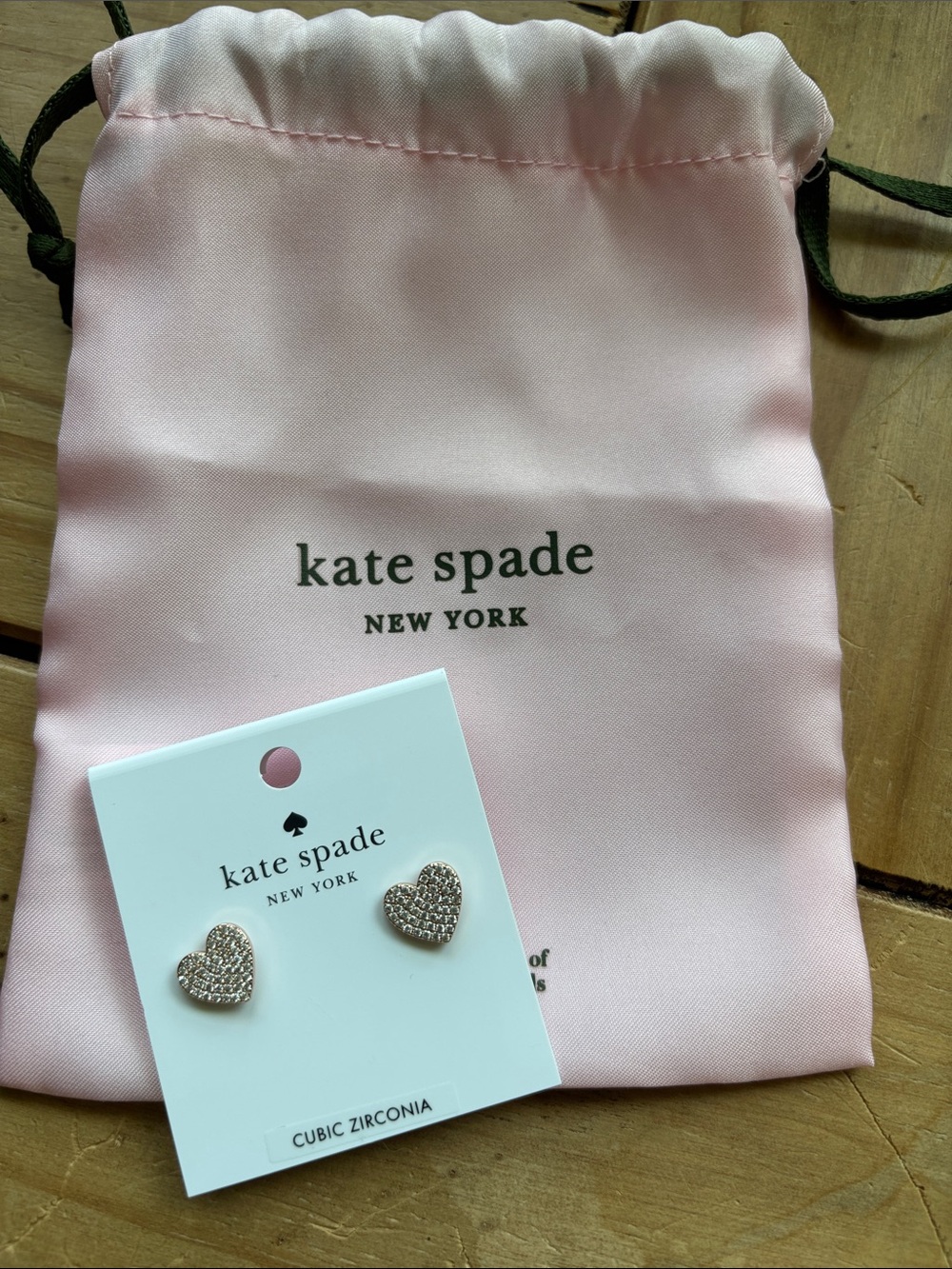 kate spade Pink Satin Pouch with Pave Heart Stud Earrings